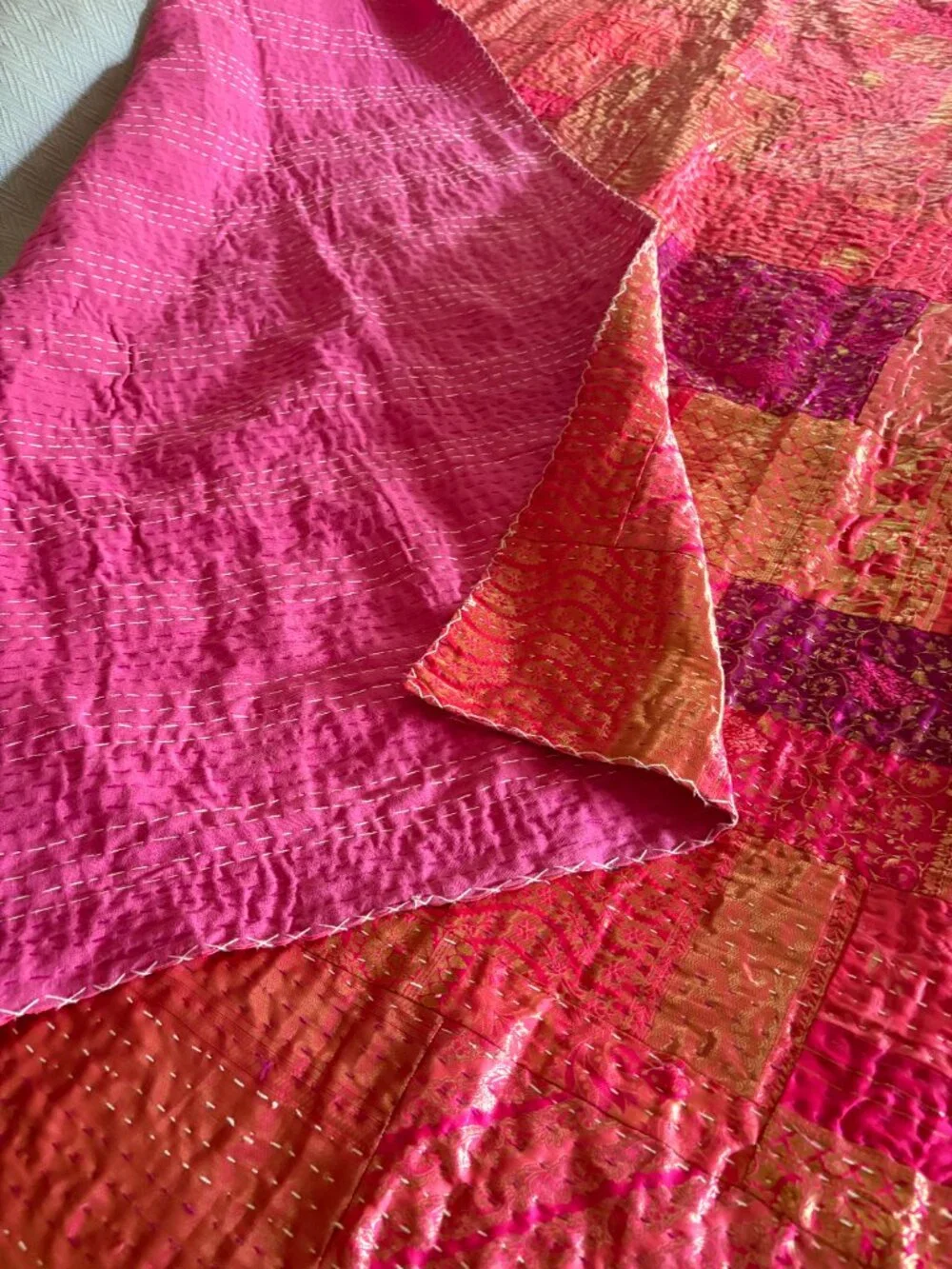 Handmade Indian Beaded Embroidered Quilt Bedspread - Pink Multi King or Queen